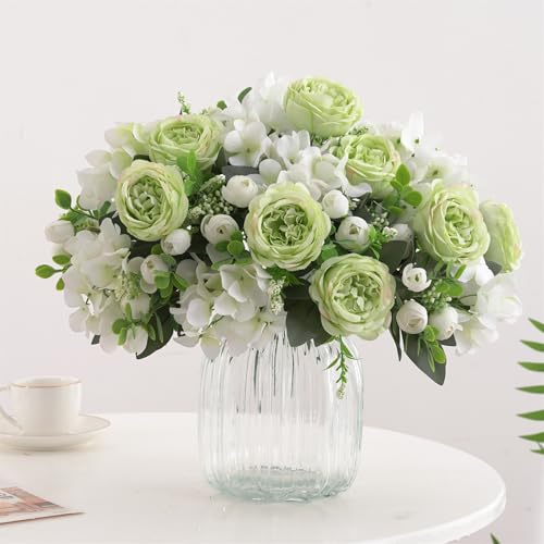 4 Bunches Peonies Artificial Flowers, Silk Peonies Flowers Fake Bouquet Faux Floral Arrangements for Centerpiece Table Wedding Party Home Decor (4, Green White) - color: Green White