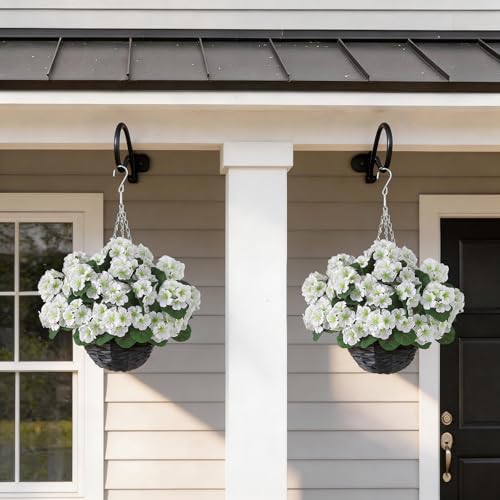 GLIDLION 2 Set Artificial Geraniums Flowers with Hanging Baskets for Outdoors - Sun Resistant Silk with Geranium Flowers, Fake Hanging Planters for Front Porch Garden Patio Home Decor (White) - color: White