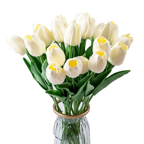 20PCS Artificial Tulip Flowers - 13.7" Real Touch Fake PU Tulips Bouquet Faux Spring Flowers for Office Table,Bedroom,Kitchen Home Mothers Day Easter Decoration (Milky White)