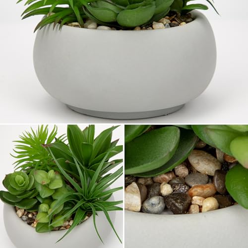 Hollyone Succulents Plants Artificial in Pots Fake Succulents for Outdoors Indoor Faux Succulent Arrangement Potted Plant in Cement Planter Bowl for Garden Office Desk Shelf Living Room Home Decor - color: Cement Grey