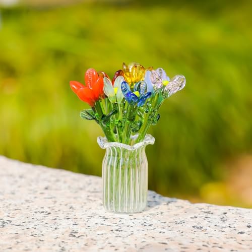 7 Pcs Mini Glass Daisy Flower Hand Blown Glass Artificial Flowers with Clear Vase Crystal Tulip Bouquet Collectible Ornament for Women Mom Wedding Home Table Centerpiece (Green) - color: Green