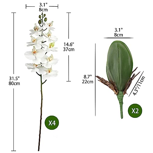 DILATATA 4 Pcs Artificial Orchid Stems with 9 Large Flowers Real Touch Phalaenopsis Orchids Flowers Fake Flower Branches 31.5" Tall for Home Arrangement -White Green Orchid - color: White Green #22