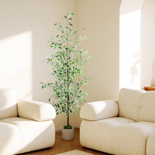 Caxchiling Fake Ficus Tree 6FT,Artificial Floor Plants for Indoor Outdoor, Lifelike Potted Tree with Moss Topper and Cotton Basket, Home Office Living Room Bedroom Doorway Decor (White-Edged Leaves) - color: White Ficus