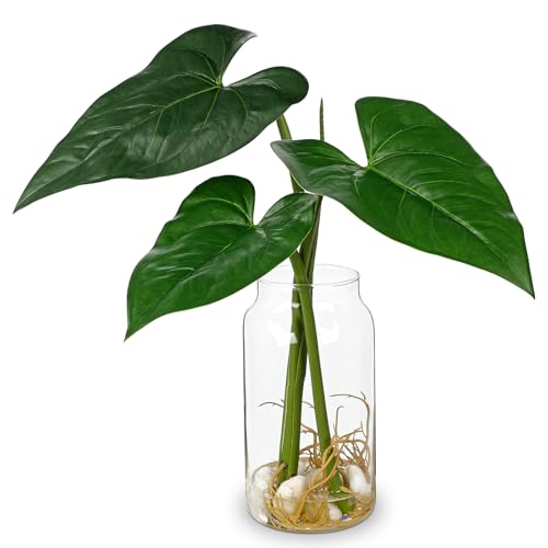 Oairse Artificial Tropical Plant in Glass Vase with Faux Water & Pebble - 16.5" Fake Plants in Vase Taro Leaves Stem Fake Palm Monstera Greenery for Home Indoor Centerpiece Farmhouse Decor - color: Taro Leaves