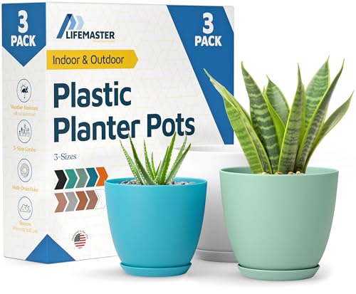 Multicolor Plant Pots with Drainage Holes & Saucers 3 Pack, Indoor & Outdoor Stackable Space-Saving Planters for Houseplants & Flowers, (7", 6.7", and 6" Inches), Durable & Weatherproof Materials - color: Multicolor, size: Pack of 3