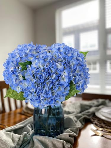 JINWOE Blue Faux Hydrangea Flowers, 3pcs 21" Latex Real Touch Spring Silk Flowers,Lifelike Artificial Hydrangeas with Stems for Porch Bouquets Wedding Home Table Centerpieces - color: Blue