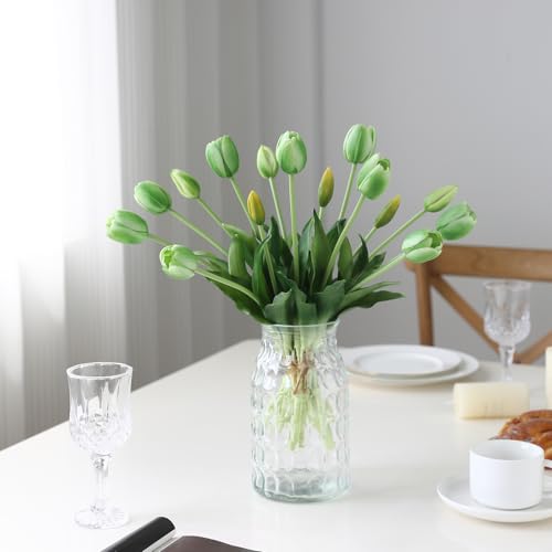 15 Pcs Green Artificial Tulips Fake Flowers, Premium Latex Lifelike Texture, UV Resistant Waterproof Faux Tulip Bouquets with Snap-on Petals for Outdoor, Home, Wedding Decor - color: Green