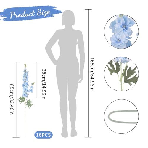 16Pcs Light Blue Delphinium Artificial Flower 33.5'' Faux Flowers Long Stem Silk Larkspur Flowers Bulk for Tall Vase for Home Wedding Floral Arrangements Centerpiece Table Decor - color: Light Blue