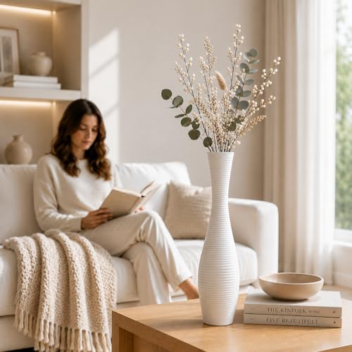 Leewadee Decorative Tall Floor Vase for Living Room Decor, 20″, White, Resin - color: White, size: 20 inches