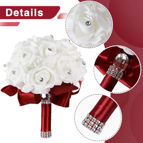 MOJUN Wedding Bouquets Crystal PE Roses Bridal Bridesmaid Wedding Hand Holding Bouquet Artificial Fake Flowers Toss Bouquet, Burgundy - color: Burgundy