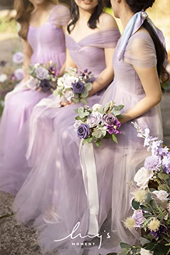 Ling's moment Artificial Bridesmaid Bouquets Set of 6,Purple Wedding Flower Bouquets Lilac Rose Floral Bouquet Bridal Bouquets with Ribbon Ceremony Anniversary,7-inch Diameter - color: Prpl-lilac & Gold
