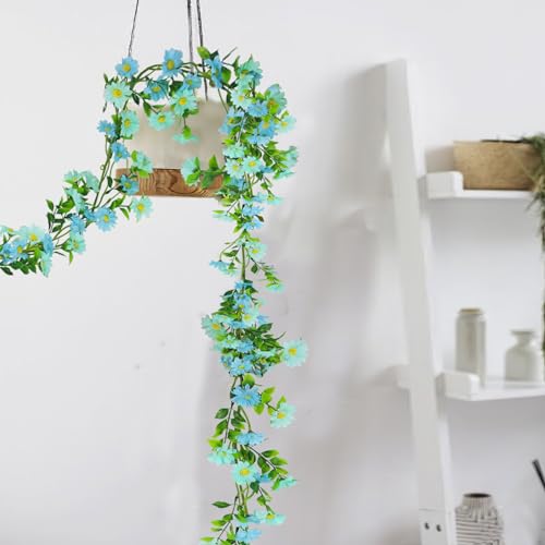 CISDUEO Artificial Daisy Flowers Vine Silk Wildflower Garland Spring Fake Flower Vine Hanging Ivy Blue Daisy Flowers Green Leaves for Wall Party Wedding Arch Floral Decor Home Indoor Outdoor Ceremony - color: Blue