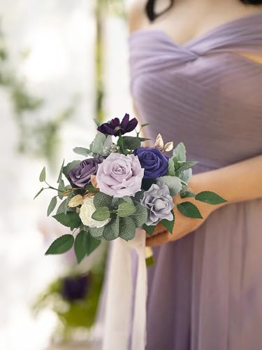 Rinlong Purple Bridesmaid Bouquet for Wedding, Prom, Homecoming | Silk Bridal Bouquet, Destination Friendly - color: 14-purple