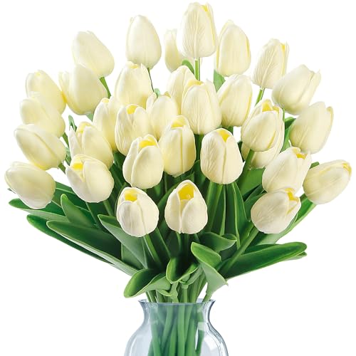 Sggvecsy 15 Pcs Fake Tulips Artificial Flowers Real Touch PU Faux Flowers Tulip Stems for Wedding Spring Bouquet Floral Arrangement Home Party Office Decorations for Mother's Day (Milk White) - color: Milk White, size: 15 Pcs