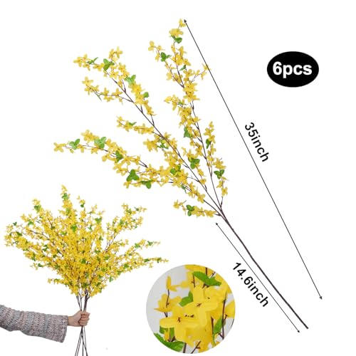 6Pcs Artificial Forsythia Branches 35" Yellow Long Stem Artificial Flowers for Tall Vase Fake Silk Flowers Forsythia Stems for Home Table Centerpiece Kitchen Decorations - color: 6 Pcs Tall Stems Pcs