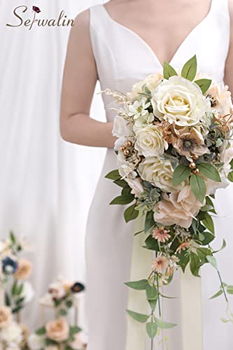 Serwalin 9.8 Inch Wedding Bouquets for Bride Bridesmaid, Champagne Rose Bridal Bouquets for Bride, Wedding Flowers Bouquet Tossing Bouquet, Wedding Ceremony and Anniversary Day Decoration - color: Adorable Champagne
