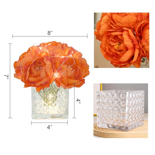 Artificial Peony Silk Flower Centerpieces with LED Light Faux Floral Arrangement in Glass Vase for Home Wedding Table Decoration (Orange) - color: Light-orange