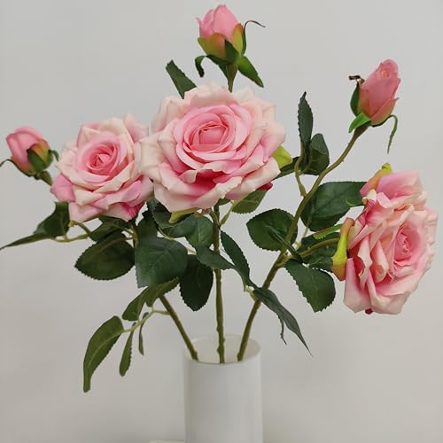 ATFL Fake Pink Roses Flowers, 6 Pcs Faux Silk Real Touch Moisturizing Artificial Pink Rose Flowers for Decoration DIY, Wedding Party, Home Office Decoration and Dining Table Centerpiece (6, Pink) - color: Pink