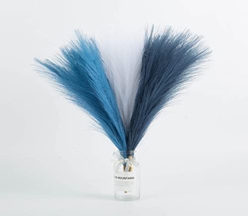 Faux Pampas Grass, 18"/45cm Artificial Pampas Grass Fluffy 6 Stem pompous Grass Flower Arrangement for Boho Home Wedding Decoration - color: Blue & White & Indigo