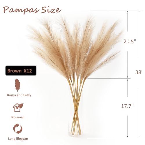 12 PCS Beige Faux Pampas Grass 38"/3.1ft Tall Brown Artificial Pompous Grass Large Fake Pompas Branches Plants Floor Vase Filler for Flower Arrangement Home Decor - color: Brown