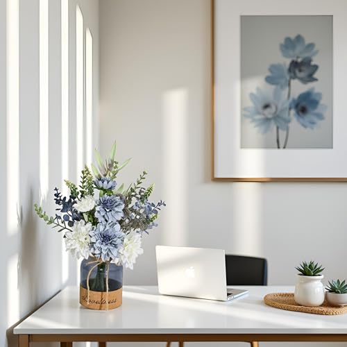 Fake Flowers in Vase,Silk Dahlias in Vases,Flower Arrangements Decoration | Fake Flowers in Vase,Silk Dahlias in Vases,Flower Arrangements for Table,Used for Home Office, Bathroom, Kitchen Decoration - color: Blue+white
