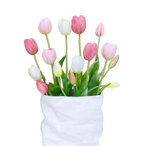 15 Pcs White-Light Pink-Light Purple Artificial Tulips Fake Flowers, Premium Latex Lifelike Texture, UV Resistant Waterproof Faux Tulip Bouquets with Snap-on Petals for Outdoor, Home, Wedding Decor - color: White-light Pink-light Purple