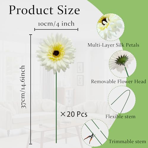 20 Pcs Fake Silk Gerbera Daisy Artificial Flowers with Stems Faux Daisies Flower Bulk for DIY Art Crafts Home Wedding Party Vase Centerpieces Tables Garland Wreath Decoration (White) - color: White