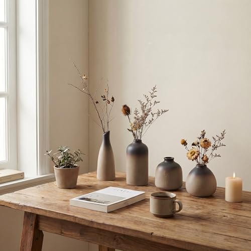 Ceramic Bud Vases, Rustic Small Vase Set of 11, Mini Pottery Vases for Flowers, Modern Farmhouse Home Decor, Clay Vases for Wedding Centerpiece, Shelf and Dinning Table Decoration - color: Vintage – 11-piece Set