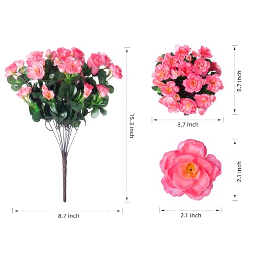 HyeFlora Artificial Faux Outdoor Flowers Plants for Spring Summer Decoration, Fake Silk Camellia UV Resistant Look Real for Planter Outside Front Door Porch Patio Balcony, 3 Large Bundles - color: Dark Pink