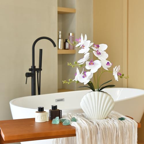 Artificial Phalaenopsis Orchid Plant in Seashell Pot, 16" Fake Orchid Flowers, Silk Faux Orchids for Home Decor, Office, Table Centerpiece, Real Touch Lifelike Indoor House Plant (White) - color: White