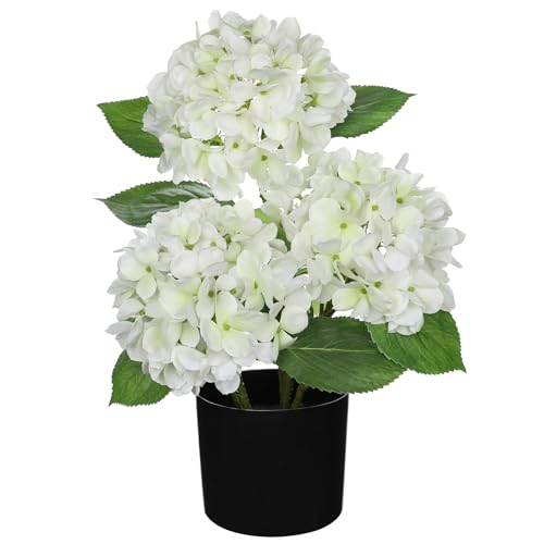 Hollyone White Hydrangea Artificial Flowers in Pots 19.7" Faux Silk Hydranges Flowers Tree Arrangements for Home Bathroom Office Table Centerpiece Shelf Decorations - color: White, size: 3 Head Hydrangea