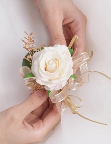 Alizeal 2Pcs of Wrist Corsage and Boutonniere Set, Artificial Flowers Accessories Suit Decor for Wedding Prom Party Homecoming Ceremony, White+Champagne - color: 701-white+champagne