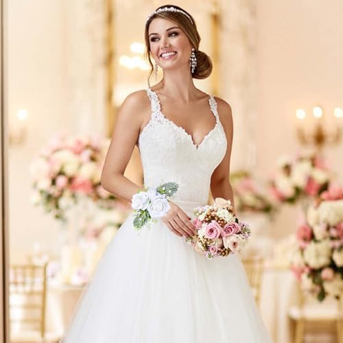 Rose Corsage and Boutonniere Set, 2PCS Handmade Artificial Flower Bride Wrist Corsage Wristlet Bracelets Wristband Men Boutonniere for Wedding Prom Suit Decorations (White) - color: White