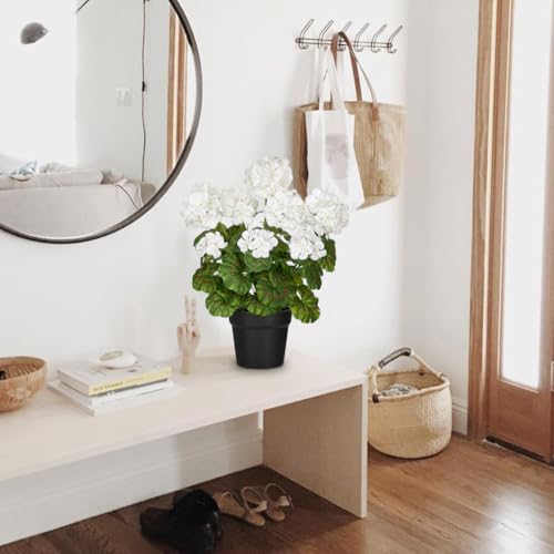 Briful Artificial Geranium Potted Plant – 16” Tall, Realistic Silk Flowers with Vibrant Green Leaves, White Geraniums Fake Flowers for Outdoors Home Décor, Wedding Farmhouse Office Tables Decor - color: White