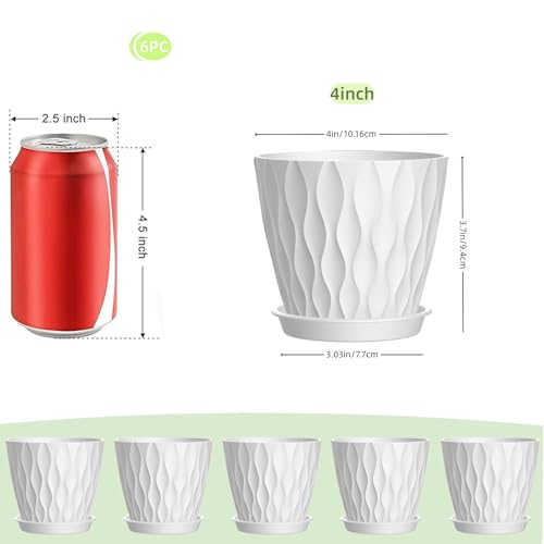 4 Inch Plant Pots, 6 Pack Indoor Flower Pots, Planters with Drainage Holes and Trays for Orchids, Violets, Succulents, Herbs, and Other Plants,White - color: White, size: 4inch