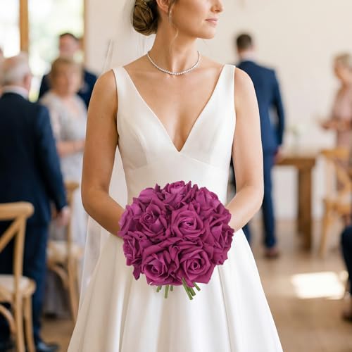 IPOPU 2 Bouquets Real Touch Roses Artificial Flowers 10PCS Rose Red Faux Roses with Stems for Wedding Party Home Table Centerpieces Decoration (Rose Red) - color: Rose Red