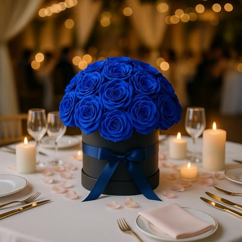 Efavormart 27pcs Royal Blue Artificial Rose Centerpiece in Black Gift Box, Prearranged Bold Silk Roses for Statement Gifting and Modern Interior Accents - color: Royal Blue Rose01