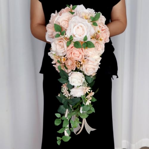 9.8 Inch Cascading Bridal Bouquet Waterfall Cascade Wedding Bouquet Bride with Artificial Rose Flower Rustic Boho Wedding Ceremony Bouquet Light Peach Pink and Champagne - color: Light Peach & Champagne