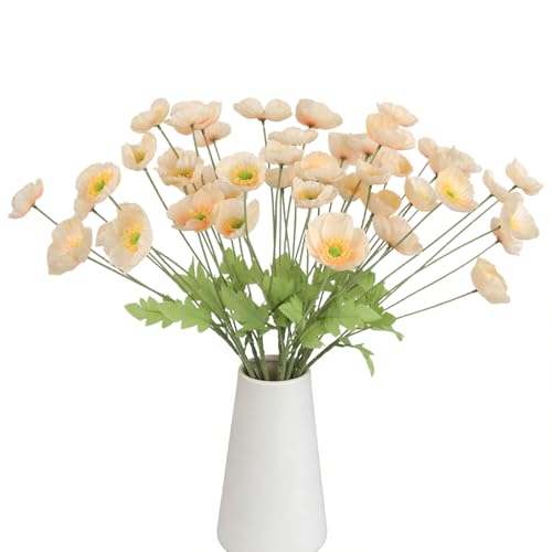 10 Pcs Artificial Poppy Flowers with 40 Heads Lifelike Silk Fake Poppies for Vase Faux Poppies Flowers for Spring Wedding Home Table Centerpiece Baby Shower Veterans Day Decoration (Champagne) - color: Champagne