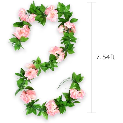 4Pcs Artificial Rose Vines Faux Flowers Garland with Green Leaves Fake Hanging Floral Plants for Home Bedroom Garden Decor,Christmas Anniversary Wedding Birthday Party Decoration (Pink) - color: Pink, size: 4Pcs-large rose