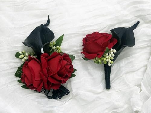 Red Rose Wrist Corsage Wristlet Band Bracelet and Men Boutonniere Set with Black Calla Lily for Wedding Flower Accessories Prom Suit Decorations