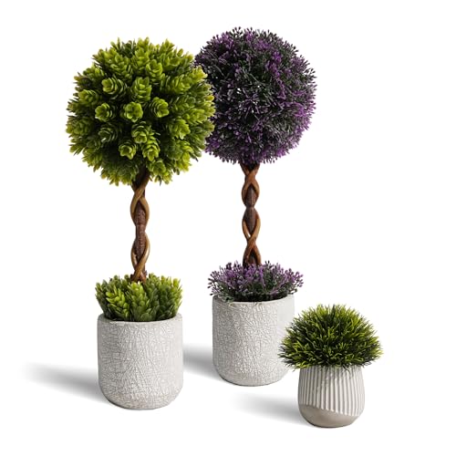 3 Pack 14 Inch Small Fake Plants in Farmhouse Concrete Planter, Artificial Boxwood Topiary ball Indoor for Home Decor, Small Faux Plants for Bathroom Bedroom Shelf Desk Office Table Kitchen Room Decor - color: Greener Purple-dasyphyllum