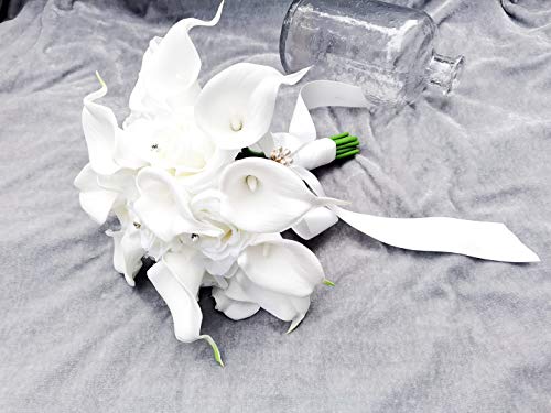 YIFUwedding Bridal Wedding Rose Calla Lily Bouquet Party Decoration Artificial Flowers Bridal Bouquet 9 inch Wedding Bouquet (White)