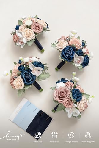 Ling's moment Navy Blue Bridesmaid Bouquets Set of 4, Dusty Rose Artificial Wedding Flower Bouquets Floral Bouquet Bridesmaid Bouquets with Ribbon, Ceremony,Anniversary,7-inch Diameter - color: Pk-dusty Rose & Navy