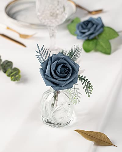 DuHouse 25Pcs Artificial Roses Flowers Fake Roses with Stems Real Touch Foam Flowers for DIY Wedding Bouquet Party Centerpiece Floral Arrangement Party Home Decor(Dusty Blue) - color: Dusty Blue, size: 25pcs