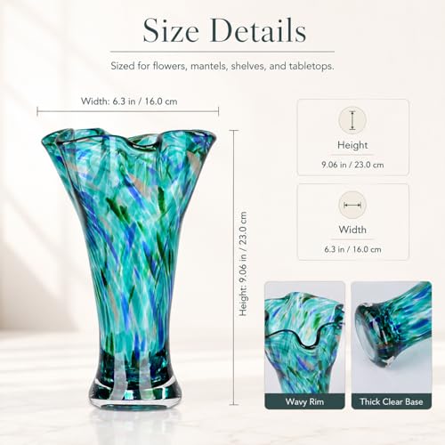 9.0" H Teal Glass Vases for Flowers, Unique Hand Blown Glass Vase Green Home Decor, Wide Mouth Colorful Flower Vase Centerpieces, for Living Room Table Bookshelf, Bathroom Office Shelf Decorative - color: Teal