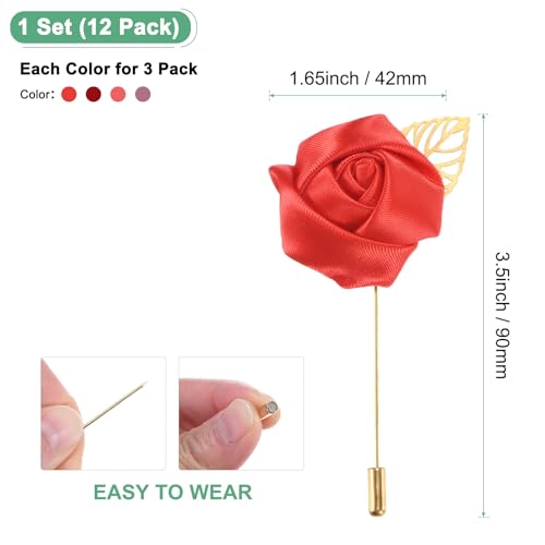 M METERXITY 1-Set Flower Lapel Pins for Men, Golden Leaf Rose Boutonnieres Pin for Wedding/Dance/Party, Mens Lapel Pins for Suits Satin Flower Corsage Hat Pins [Red Set] - color: Wine Red, Bright Red, Watermelon Red, Red Bean Paste