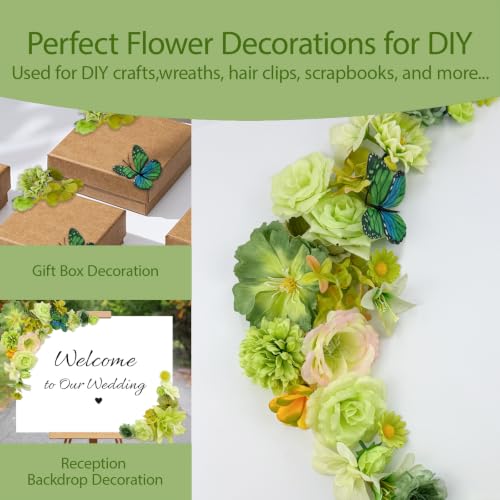 Artificial Flowers Heads Green Silk Faux Flower Heads Fake Roses Lily Carnation Daisy Flowers Bulk for DIY Craft Cake Wedding Party Bridal Baby Shower Graduation Cap Table Home Decoration - color: Green