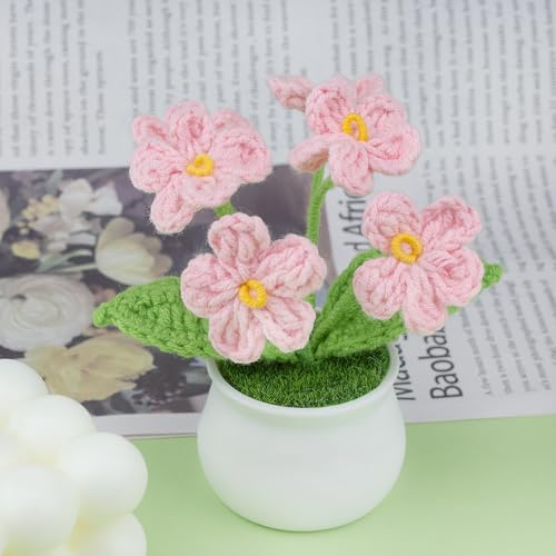 Blync Knitting Crochet Flowers Potted Plants, Fake Forget Me Not Flowers for Friends, Family and Lover, Artificial Handmade Flowers for Valentines Birthday Wedding Gift and Home Decor (Pink) - color: Pink