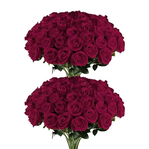 60 Pcs Wine red Roses Artificial Flowers,Artificial Roses in Bulk,DIY Wedding Bouquets,Wedding Ornaments,Valentine's Day Party Decorations，A Rose symbolizes Love (Wine red, 60 pcs) - color: Wine Red, size: 60 pcs